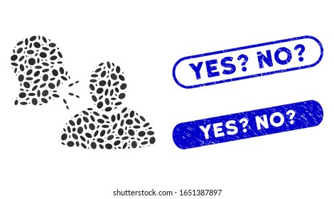 Collage rumor and corroded stamp seals with Yes? No? text. Mosaic vector rumor is composed with randomized oval spots. Yes? No? seals use blue color, and have round rectangle shape.
