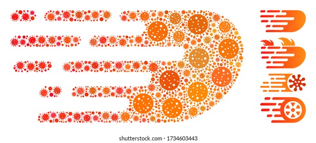 Collage rush bolide composed of flu virus icons in random sizes and color hues. Vector pathogen icons are united into abstract collage rush bolide icon. Some bonus icons are added.
