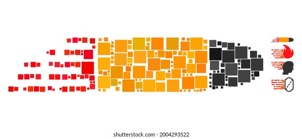 Collage Rush bullet icon organized from square elements in random sizes and color hues. Vector square elements are combined into abstract illustration rush bullet icon. Bonus icons are placed.