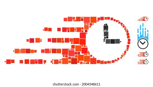 Collage Rush clock icon united from square elements in different sizes and color hues. Vector square elements are united into abstract collage rush clock icon. Bonus icons are added.