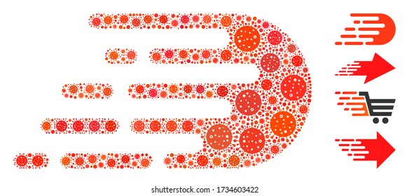 Collage rush effect designed from flu virus icons in random sizes and color hues. Vector pathogen parts are organized into abstract collage rush effect icon. Some bonus icons are added.