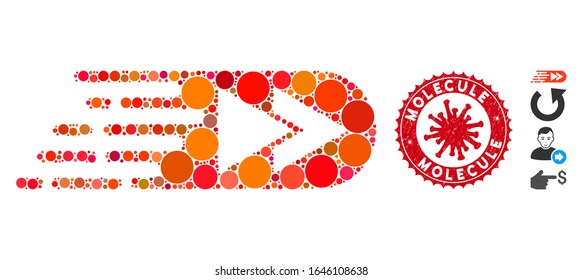 Collage rush rewind forward icon and red rounded corroded stamp seal with Molecule text and coronavirus symbol. Mosaic vector is composed with rush rewind forward icon and with random circle elements.