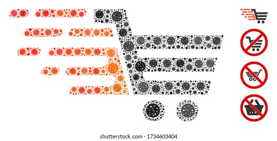 Carro de compras de alta velocidad compuesto por iconos de virus covid-2019 en tamaños variables y tonos de color. Los elementos virales vectoriales se componen en un ícono abstracto del carrito de compras de collage.