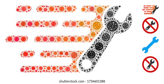 Collage rush wrench constructed from SARS virus icons in various sizes and color hues. Vector viral parts are combined into abstract collage rush wrench icon. Some bonus icons are added.