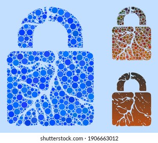 Collage Rust lock icon united from round elements in variable sizes, positions and proportions. Vector blue round elements are combined into abstract collage rust lock icon. Light blue background.