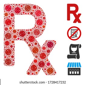 Collage Rx symbol united from SARS virus icons in different sizes and color hues. Vector pathogen icons are united into abstract composition Rx symbol icon. Some bonus icons are added.