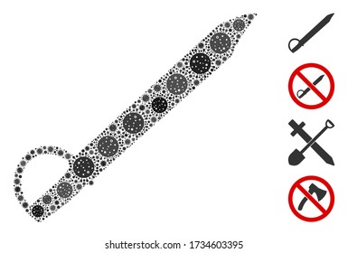 Säbel aus Grippevirus-Elementen in verschiedenen Größen und Farbtönen. Vektor-Infektionssymbole werden zu einem abstrakten Säbelsymbol zusammengeführt. Einige Bonussymbole werden hinzugefügt.