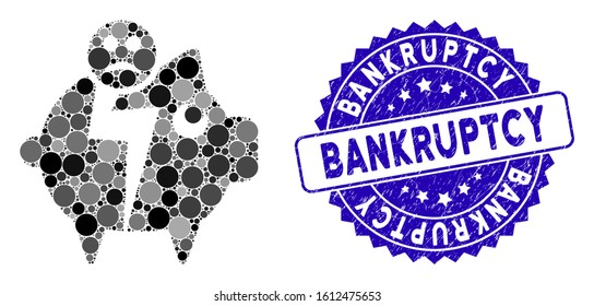 Collage sad bankruptcy piggy bank icon and corroded stamp watermark with Bankruptcy text. Mosaic vector is formed with sad bankruptcy piggy bank icon and with random round items.