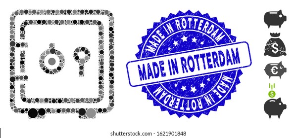 Collage safe icon and corroded stamp seal with Made in Rotterdam text. Mosaic vector is designed with safe icon and with scattered spheric items. Made in Rotterdam stamp uses blue color,
