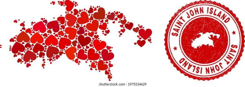 Collage Saint John Island map formed with red love hearts, and corroded seal stamp. Vector lovely round red rubber seal stamp imitation with Saint John Island map inside.