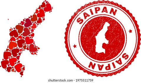 Collage Saipan Island map composed with red love hearts, and rubber seal stamp. Vector lovely round red rubber seal imprint with Saipan Island map inside.