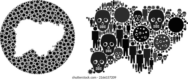 Collage Salamanca Province map designed from virus outbreak elements and people and dead head elements. Infection virus Salamanca Province map collage designed with sphere and subtracted space.
