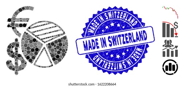 Collage sales pie chart icon and grunge stamp seal with Made in Switzerland caption. Mosaic vector is formed with sales pie chart icon and with scattered circle elements.