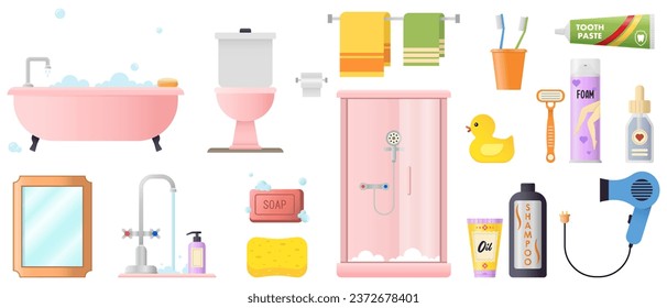 Collage of sanitaryware with cosmetics and essentials on white b