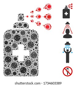 El pulverizador de sanitizador de collage está organizado a partir de iconos del virus SARS en varios tamaños y tonos de color. Los íconos virales vectoriales se combinan en un ícono abstracto de pulverización de colage sanitizer. Se añaden algunos iconos adicionales.