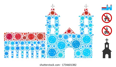 Collage Santa Barbara mission designed from coronavirus icons in various sizes and color hues. Vector viral icons are grouped into abstract composition Santa Barbara mission icon.
