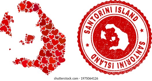 Collage Santorini Island map formed with red love hearts, and rubber badge. Vector lovely round red rubber badge imitation with Santorini Island map inside.
