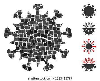 Icono de virus SARS de colección construido a partir de elementos cuadrados en varios tamaños y tonos de color. Los elementos cuadrados vectoriales se organizan en un icono abstracto del virus SARS. Se colocan pictogramas bonificados.