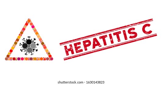 Collage SARS virus warning icon and grunge stamp seal with Hepatitis C caption between double parallel lines. Mosaic vector is designed with SARS virus warning icon and with scattered round items.