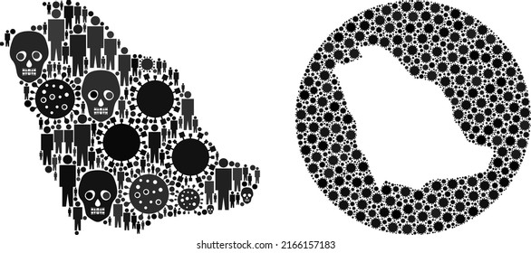 Collage Saudi Arabia map composed of sars virus items and men and mortal items. Pandemic virus Saudi Arabia map mosaic created with circle and hole. Mosaics are created for lockdown agitation.