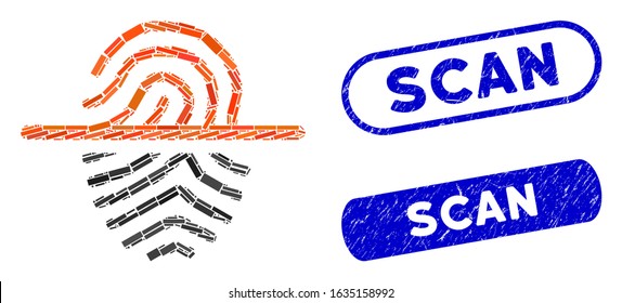 Collage scan fingerprint and rubber stamp watermarks with Scan phrase. Mosaic vector scan fingerprint is created with randomized rectangle items. Scan stamp seals use blue color,