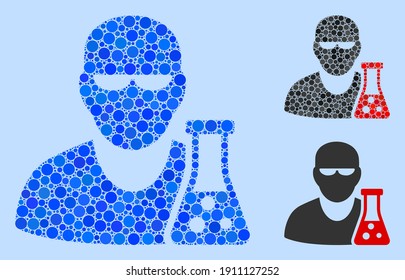 Collage Scientist with flask icon constructed from round elements in different sizes, positions and proportions.