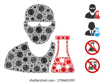 Científico de edad con matraz organizado a partir de íconos del virus de la gripe en diferentes tamaños y colores. Los iconos de patógenos vectoriales se combinan en un científico de collage abstracto con un icono de frasco.