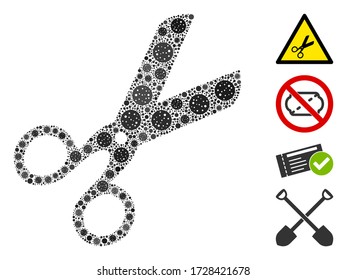 Collage scissors designed from coronavirus elements in variable sizes and color hues. Vector viral elements are combined into abstract collage scissors icon. Some bonus icons are added.