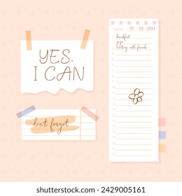 Collage scrap paper sheet of notebook, sticky memos. Vector elements in trendy style. Contemporary illustration.

