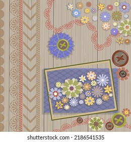 Collage of scrapbook elements. Simple flowers, buttons, wooden background, frame, lace, polka dots. Vector illustration