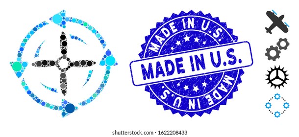 Collage screw rotation icon and corroded stamp seal with Made in U.S. caption. Mosaic vector is formed with screw rotation icon and with randomized spheric items. Made in U.S.