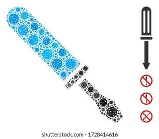 Collage screwdriver constructed from SARS virus icons in variable sizes and color hues. Vector pathogen icons are arranged into abstract illustration screwdriver icon. Some bonus icons are added.