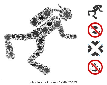 Collage scuba diver constructed from covid-2019 virus elements in variable sizes and color hues. Vector viral icons are composed into abstract collage scuba diver icon. Some bonus icons are added.
