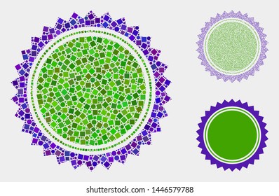 Collage Seal stamp template icon composed of circle and square items in random sizes, positions and proportions.
