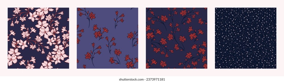 Collage of seamless pattern abstract, blue, brown flowers. Vector hand drawn blooming flowers silhouette, texture shapes, spots, dots. Templates for design, fabric, fashion, textile