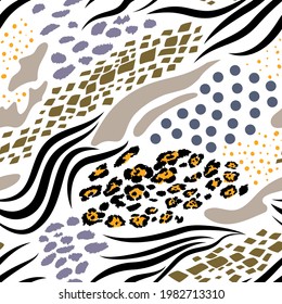 Collage seamless pattern of animal skins - tiger, snake, zebra, geometric, circles, dots. A set of different shapes and textures blue, gray, black on a white background. Trendy modern print