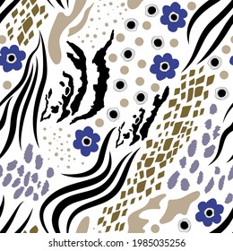 Collage sin costuras de pieles animales - tigre, serpiente, cebra, flores geométricas, círculos, puntos. Conjunto de formas y texturas diferentes azul, gris, negro sobre fondo blanco. Impresión moderna