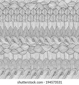 Collage seamless pattern in black and white is hand drawn ink illustration. Illustration is in eps8 vector mode, background on separate layer. 