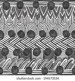Collage seamless pattern in black and white is hand drawn ink illustration. Illustration is in eps8 vector mode, background on separate layer. 