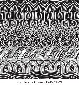 Collage seamless pattern in black and white is hand drawn ink illustration. Illustration is in eps8 vector mode, background on separate layer. 