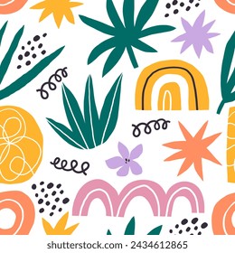 Collage seamless pattern with bright abstract shapes. Trendy design for fabric, wrapping paper, textile print, wallpaper. Vector illustration