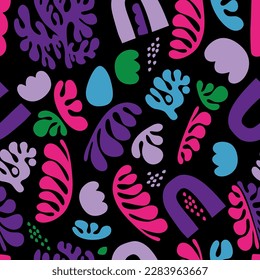 Collage seamless pattern. Trendy colorful minimal flat memphis Matiss style design on black background. Hand drawn vector illustration. Texture for packing, print, fabric, textile