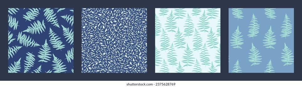 Collage of seamless patterns with artistic leaves fern, abstract texture print, spots, and dot. Vector hand drawn. Templates for design, fabric, fashion, textile