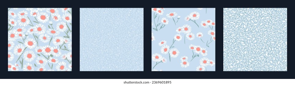 Collage of seamless patterns chamomiles flowers. Vector hand drawn creative, artistic branch, flowers, abstract texture print, spots, dot. Templates for design, fabric, fashion, textile