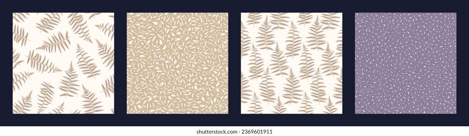 Collage of seamless patterns fern leaves. Vector hand drawn creative, artistic branch, fern, abstract texture print, spots, dot. Templates for design, fabric, fashion, textile