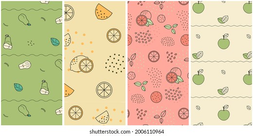 collage of seamless patterns, fresh oranges, lemons, apples and pears. Bright summer fruits for textiles and design. Background, wrapping paper, patterns for cafes, eco paper cups