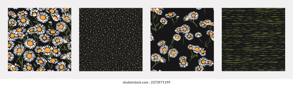 Collage of seamless patterns simple chamomiles flowers on a black background. Vector hand drawn creative, artistic branch, flowers, abstract texture print, spots, dots, lines. Templates for design