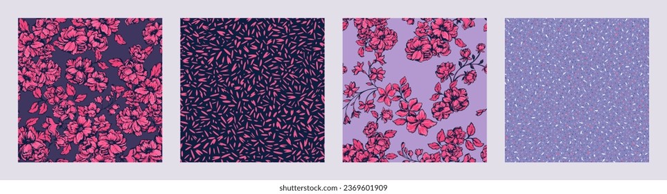 Collage of seamless patterns with vector hand drawn art flowers, abstract texture print, spots, dot. Templates for design, fabric, fashion, textile