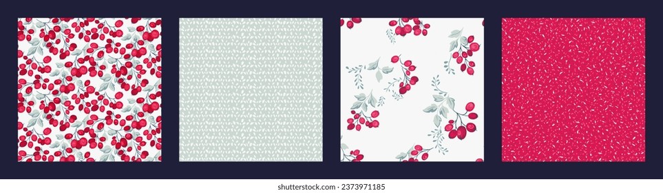 Collage of seamless patterns with vector hand drawn creative, artistic branch berries, (juniper, boxwood, viburnum, holly, barberry), abstract texture print, spots, dot, lines.Templates for design