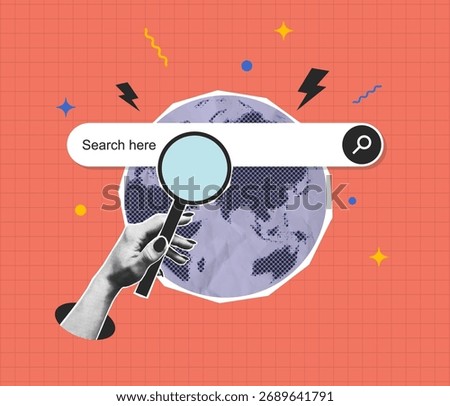 Collage of search bar with halftone hand holding magnifying glass and Earth globe. Concept of global search page. Collage design with halftone elements. Vector illustration.